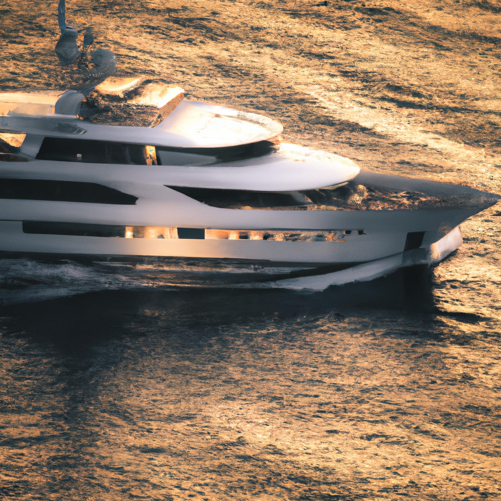 Yacht di lusso che solca il Mar Ligure al tramonto con riflessi dorati sull'acqua