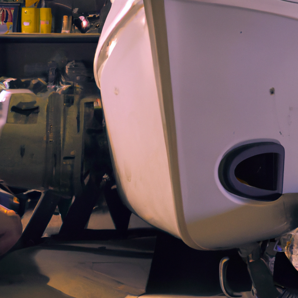 Officina nautica italiana: meccanico professionale controlla il motore di uno yacht con attrezzi e banco di lavoro.