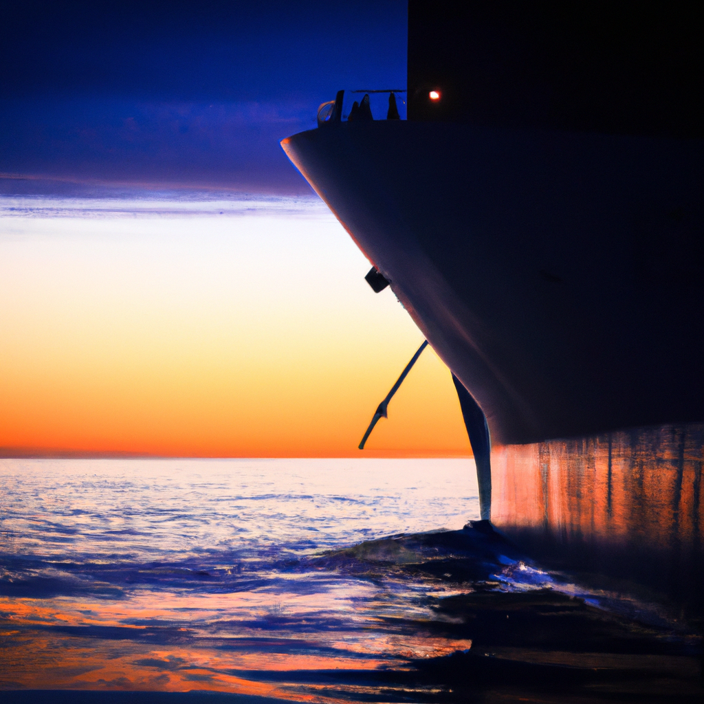 Scafo di nave sul mare aperto all'alba con riflessi dorati, onde delicate e cielo limpido